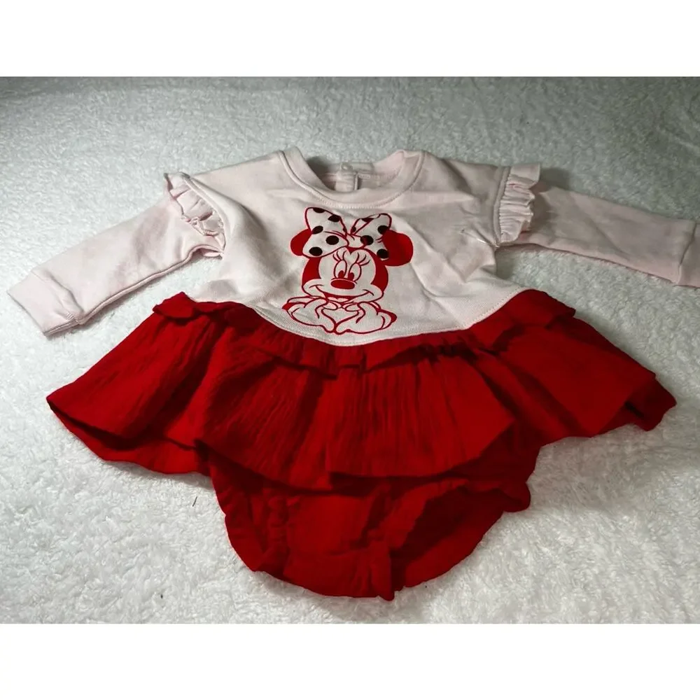 New DISNEY Store Baby Minnie Mouse Pink Red Dress Infant 9-12 Months 2 Piece Set